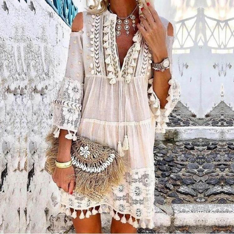 Vestido Mini Boho de Encaje con Escote en V y Borlas de Manga Tres Cuartos para Mujer