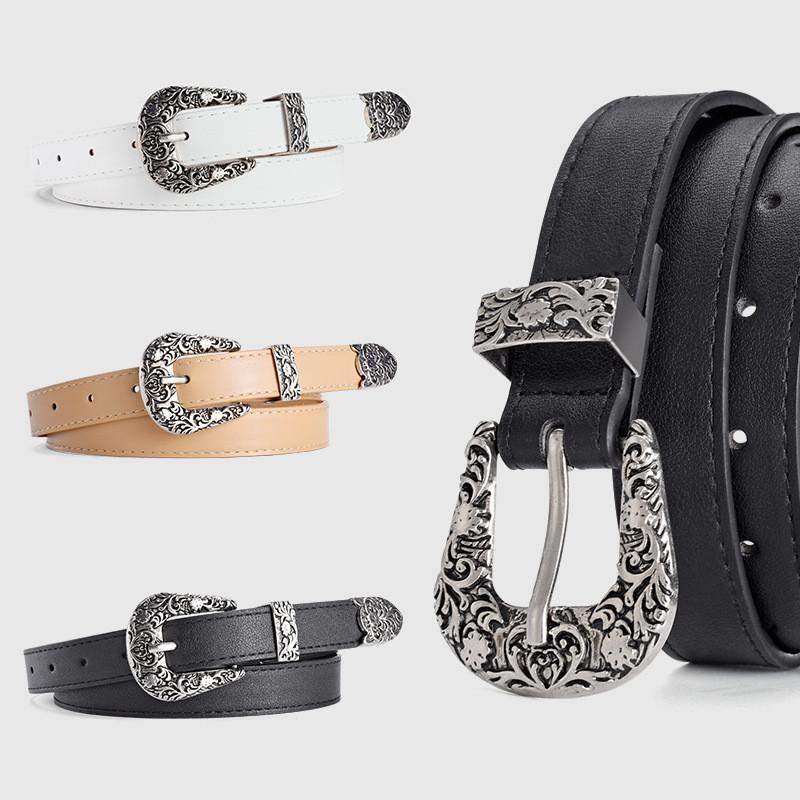 Elegant Pu Leather Belt With Alloy Floral Buckle For Women In Classic Vintage Colors