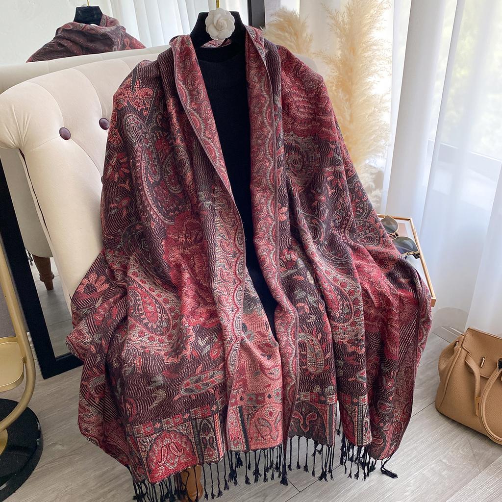 Women'S Fashion Faux Cashmere Winter Wraps Vintage Printed Tassels Thick Warm Pashmina Two-Sided Scarf Outdoor Shawls Foula