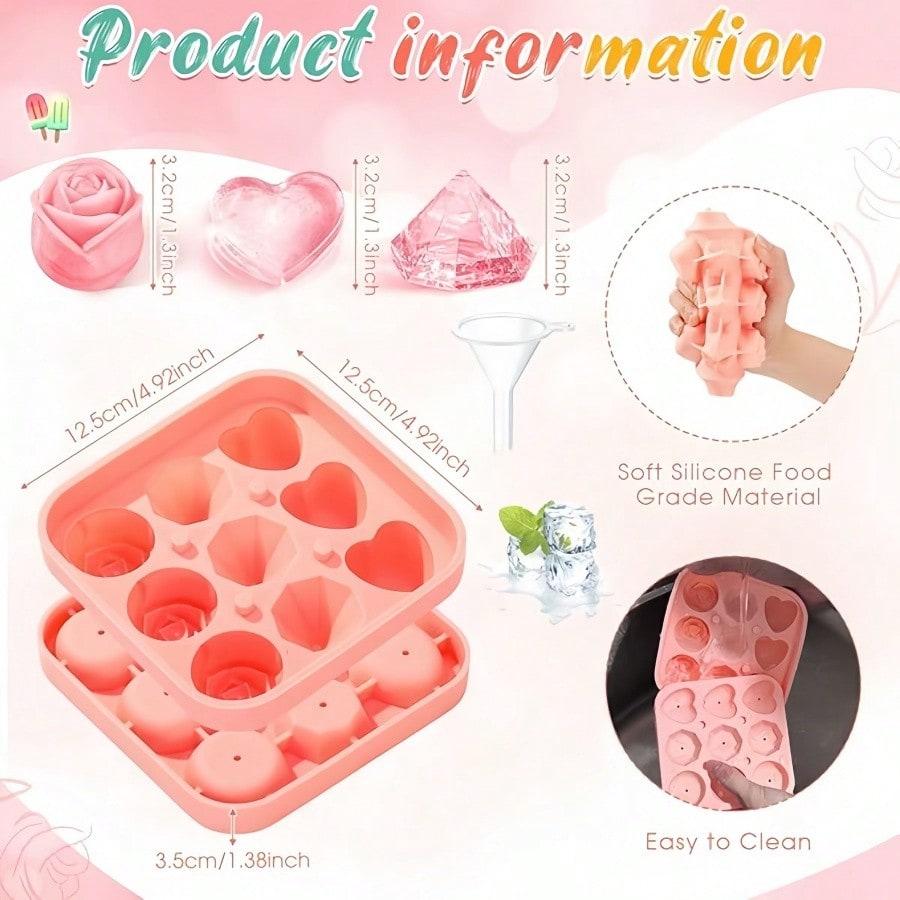 4 Stück Rose Herz Diamant Eiswürfelform 9 Fächer 3D Eisform mit Deckel Einfaches Entformen für Whiskey Bourbon Cocktail Wein Kaffee Saft