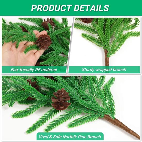 Simulated Pine Branch Faux Greenery Foliage Artificial Pine Sprig with Pine Cones Red Berries for DIY Wreath Home Vases Christmas Winter Parties