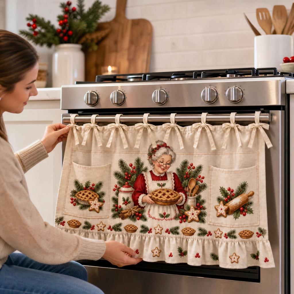 Christmas Kitchen Tie- Half with Oven Cover for Holiday Baking and Cooking, 60 45