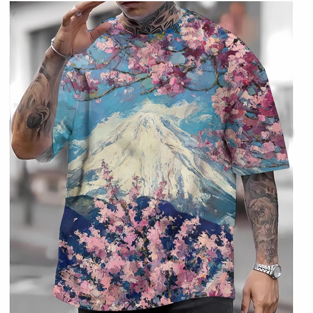 Pánské tričko japonského stylu Fujiyama Cherry Blossoms Trička s potiskem Ležérní Volné Tričko s krátkým rukávem Nadměrná velikost Muži Oblečení Top