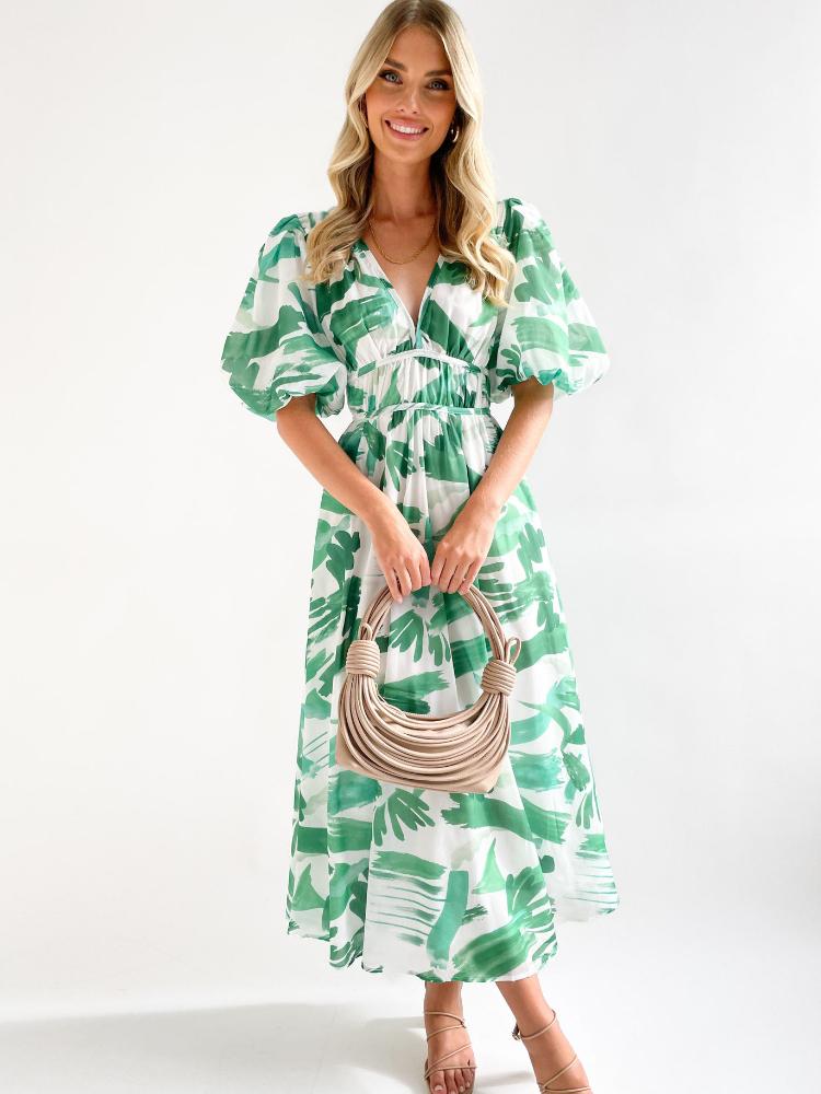 

Жіноча сукня з квітковим принтом, V-подібним вирізом та короткими рукавами, з еластичною талією, повсякденна літня сукня XL зелений