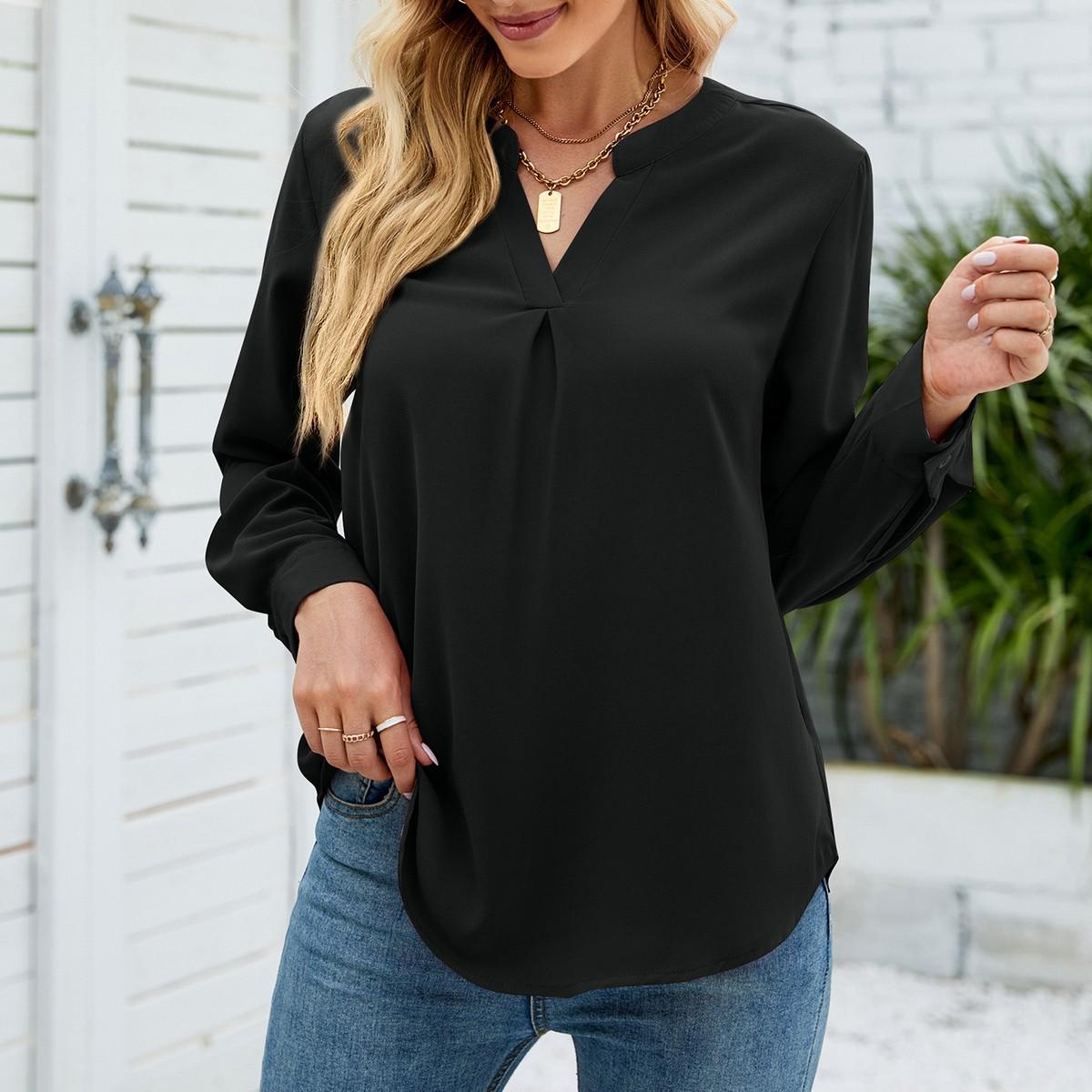 

Женская модная однотонная шифоновая рубашка на пуговицах с v-образным вырезом, свободный топ с длинными рукавами XXL чёрный