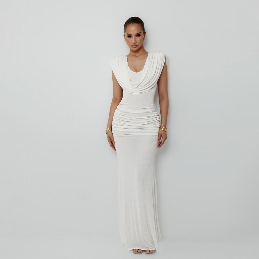 Vestido Midi Bodycon Blanco sin Mangas con Cuello de Volantes Elegante Vestido de Noche