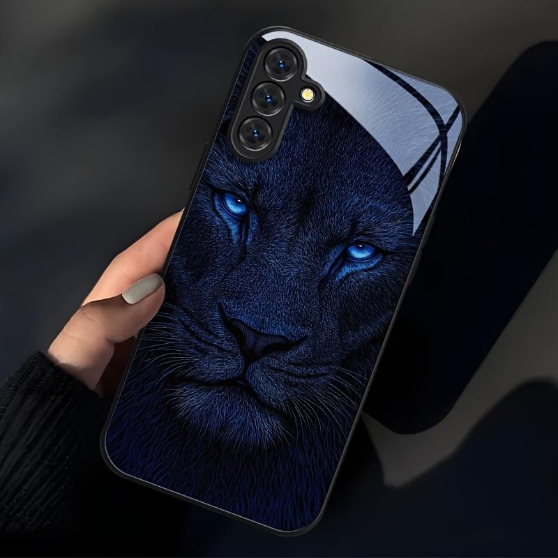 Blue Lion Cool Black Frame Glass Phone Case Suitable for Samsung GalaxyS26 S25 S24 S22 S21 S20FE Ultra Plus Anti Drop Back Cover