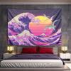 The Pattern Depicts Stylized Purple Waves, Birds, and a Vibrant Sunset. Patterned Tapestry for Bedroom and Living Room Home Decor