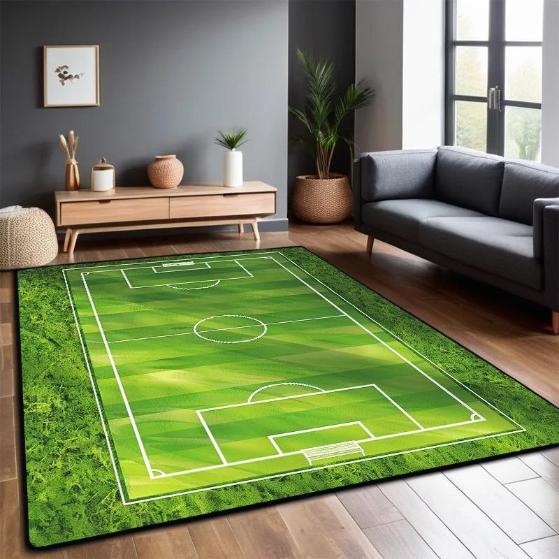 Soccer Pitch Themed Living Room Large Carpet Green Grass White Football Field Line Design Anti-slip Rug for Home Decor