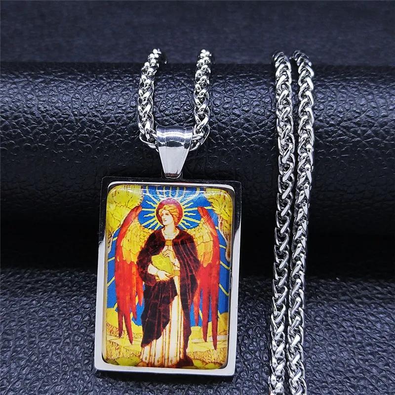 Archangel Saint Uriel Judaism Glass Stainless Steel Chain Necklace Silver Color Geometry Pendant Jewelry collier chaine NXS02