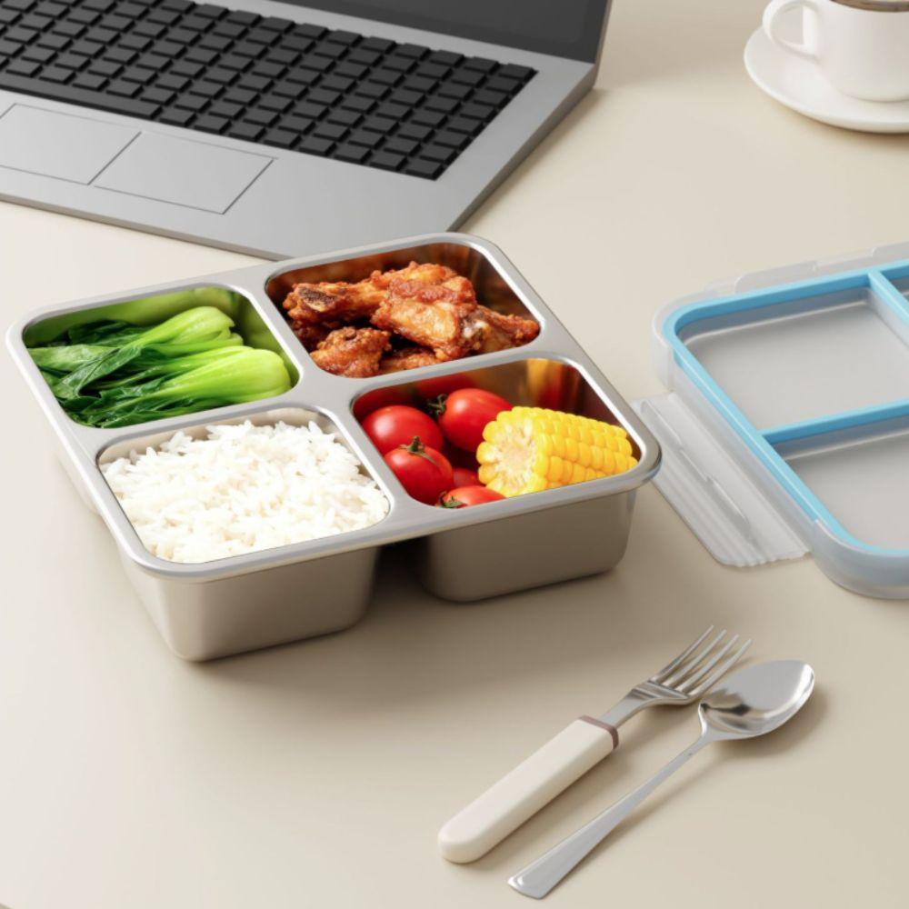 Leak-Proof 4 Grid Lunch Box 304 Stainless Steel Food Container Portable Ice Cube Tray Adult