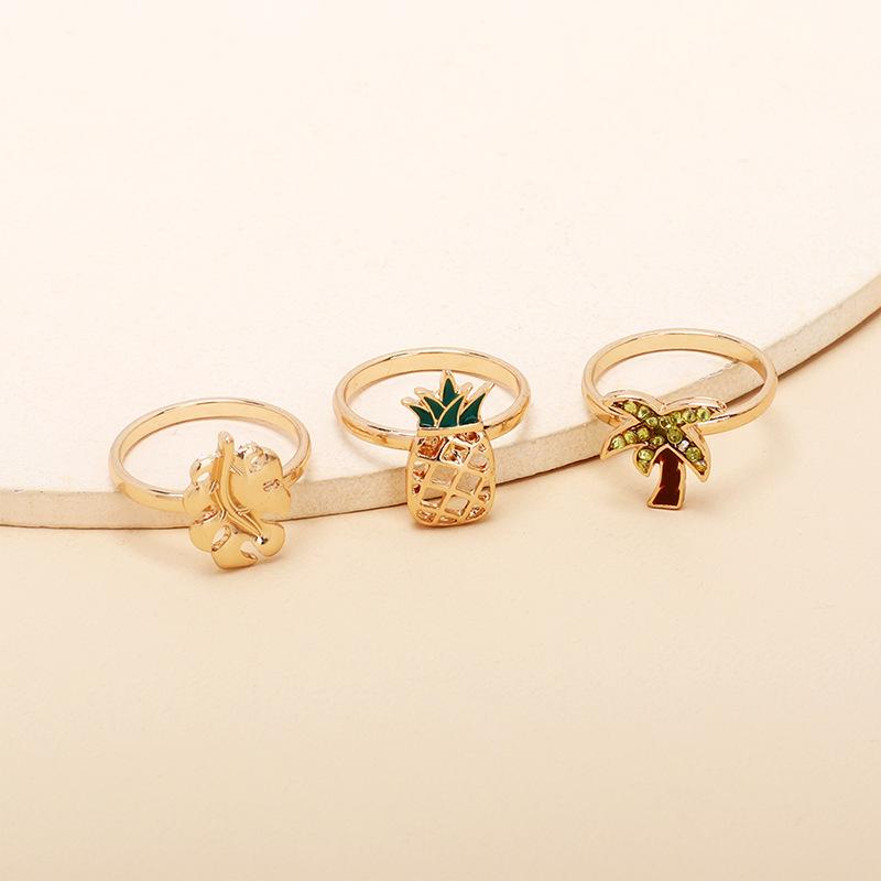 ins cold wind pineapple coconut tree ring combination set, niche retro rhinestone index finger joint ring
