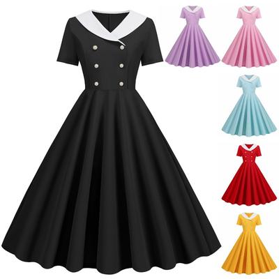Summer Women's V-Neck Short Sleeve Solid Color Retro Double-breasted False Button Pendulum Dress