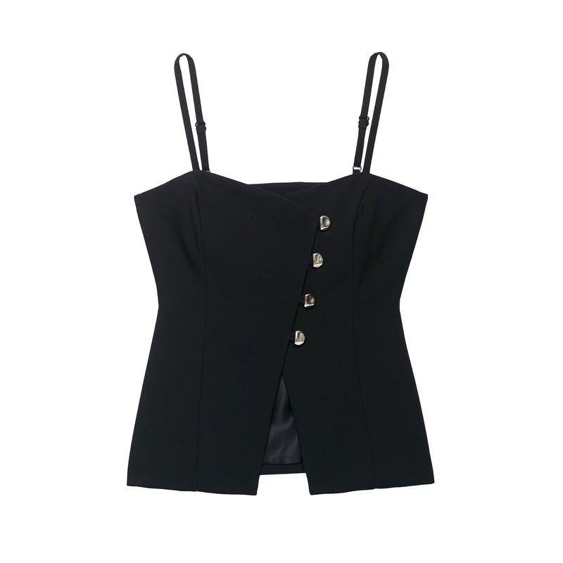 Zbzr Spring New Women Clothes Western Style Elegant Simple Sleeveless Slim Fit Button Sling Top 8324696