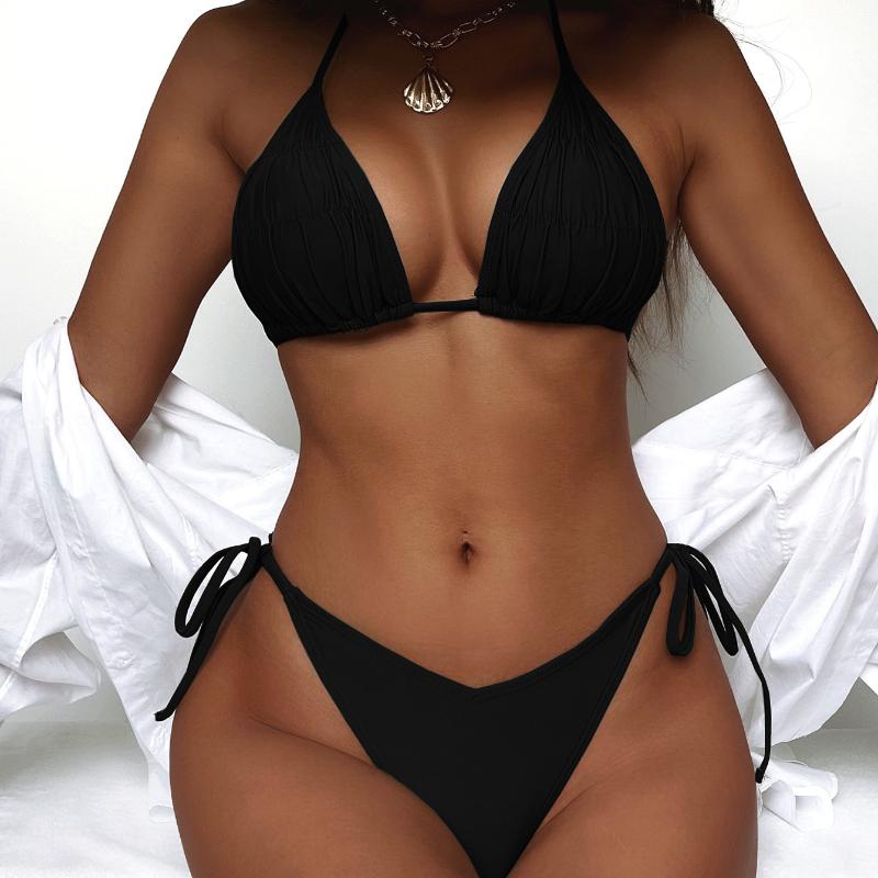 Women's Swimsuit Solid Color Sexy Halter Triangle Back Tie Bikini Set 5 Colour
