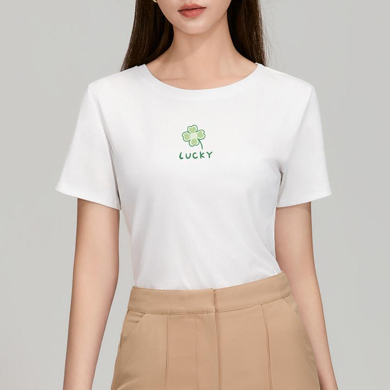 Black Short-sleeved T-shirt for Women New Women's Clothing, Front Shoulders, Round Neck, Small Floral Pattern Printed Base Shirt