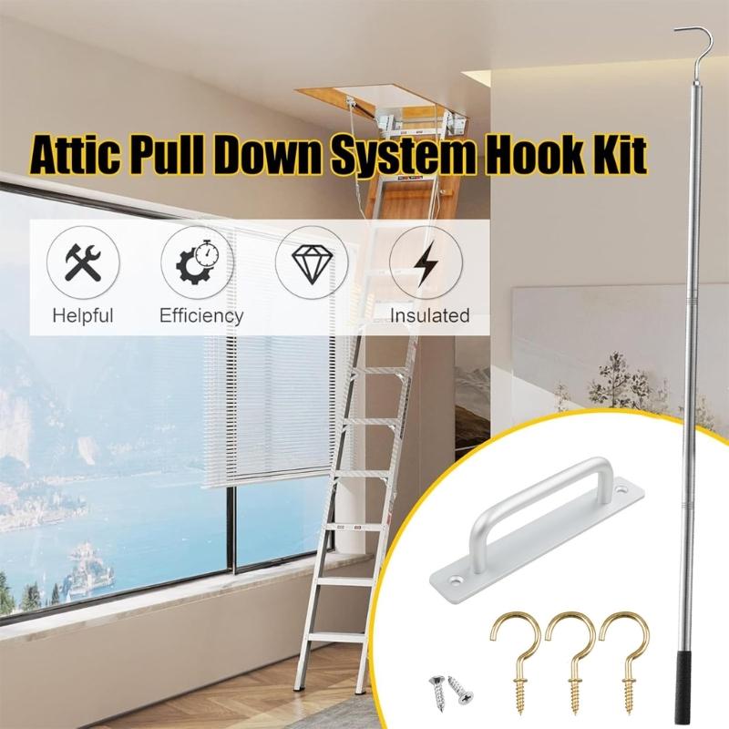 Τηλεσκοπική Ράβδος από Ανοξείδωτο Ατσάλι με Χειρολαβή Αλουμινίου Ολοκληρωμένο Σετ Γάντζων για Κατέβασμα Σοφίτας για Ευκολία στη Σκάλα Σοφίτας