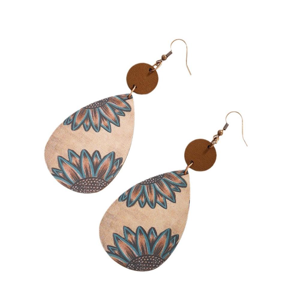 Personalisierte geschnitzte Sonnenblumen-Retro-Holzchip-Wassertropfen-Ohrringe, kreative Spleiß-Ohrringe, Ohrringe