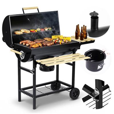 Houtskool Tuinbarbecue Vat Met Rookkanaal Planken + Thermometer + Aslade Berdsen Bd-895 Zwart