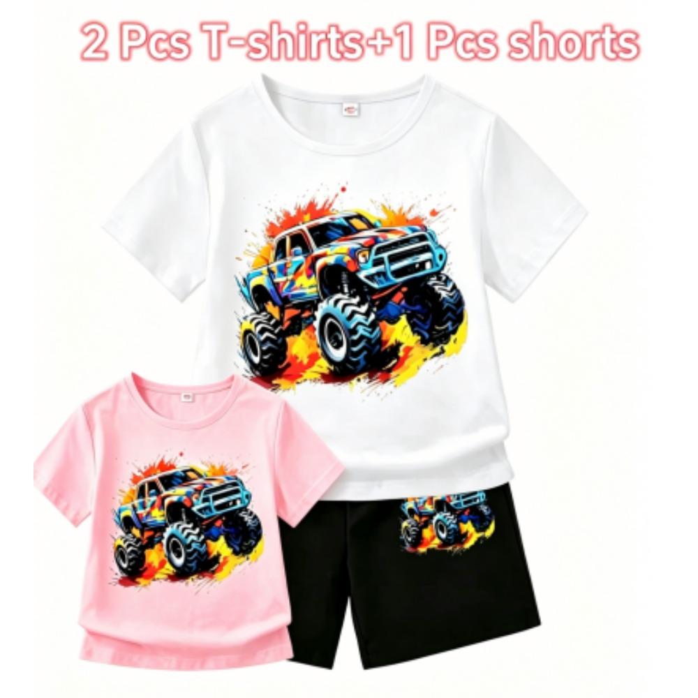 Cartoon Car Print Outdoor Street Kids T-shirt and Shorts Summer Home Casual Outfit Boy and Girl's Sports Set