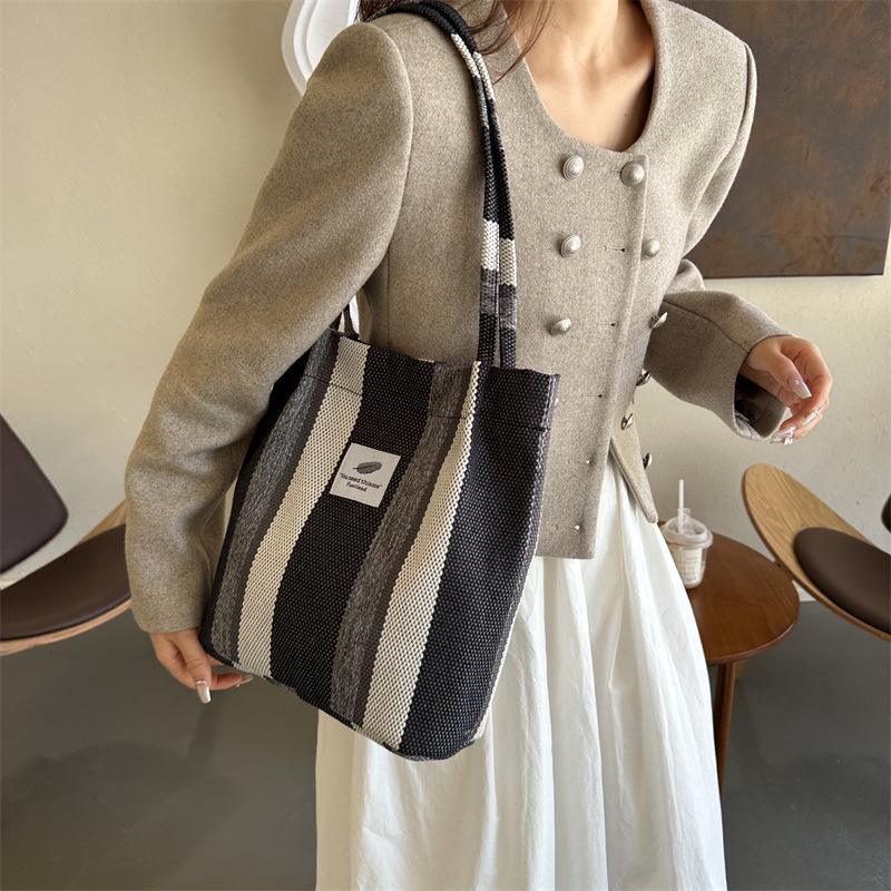 2023 Striped Canvas Tote Bag: Casual, Large Capacity, Autumn Fashion, Shoulder & Handheld