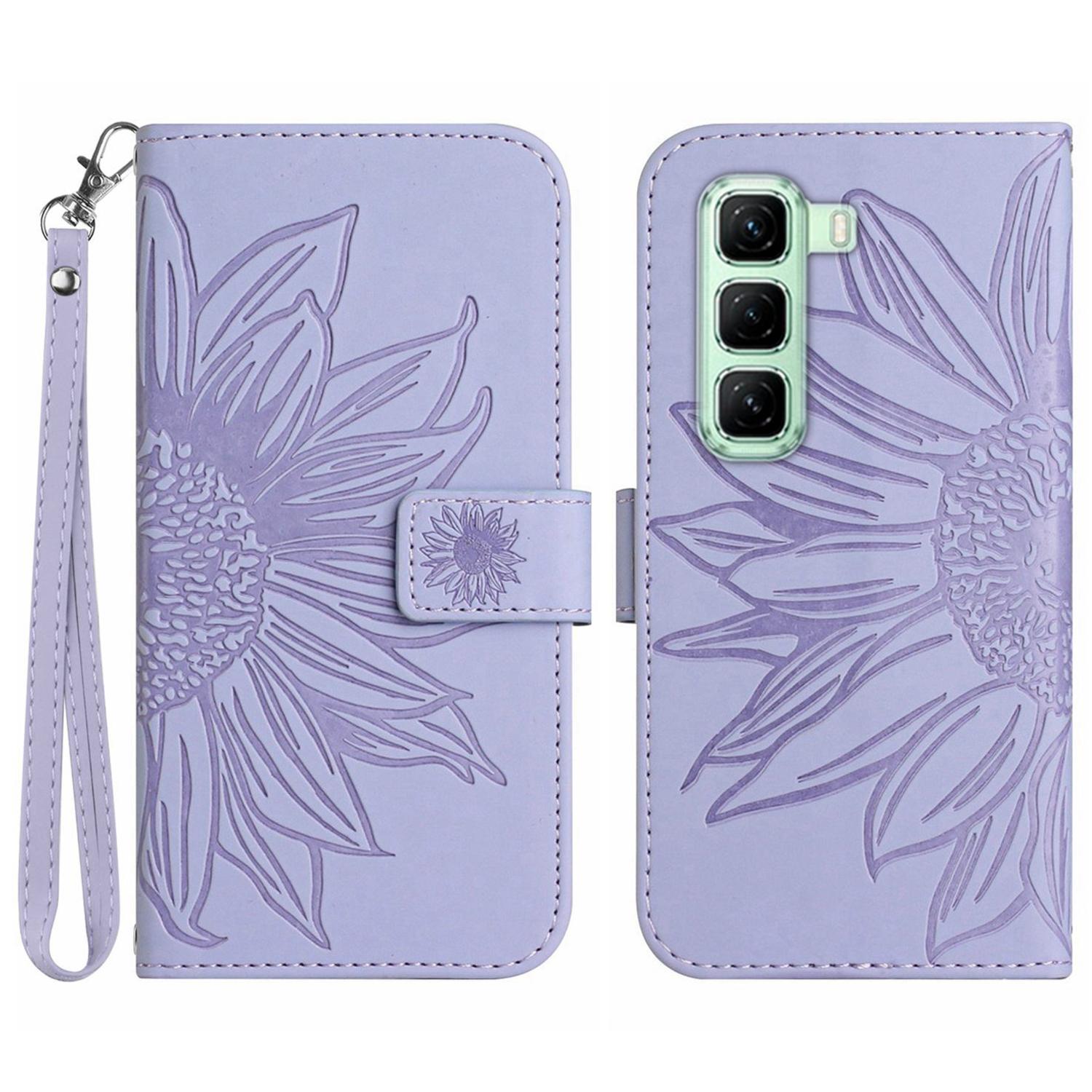 

For Infinix Hot 50 Pro 4G Case Sunflower Imprint Leather Wallet Phone Cover with Wrist Strap Light Purple