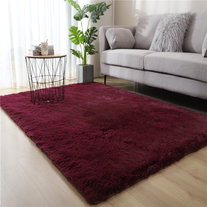 Long Pile Silk Wool Carpet - Full Coverage Bedroom and Living Room Rug, Solid Color