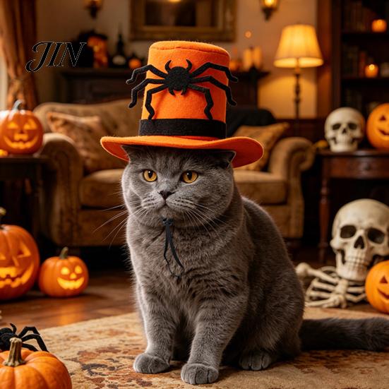 Halloween Pet Costume Accessory Cat Top Hat, Orange Dog Hat with Adjustable Strap, Comfortable Black Spider for Small Dogs Festive Party