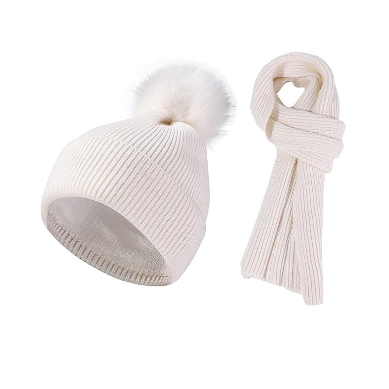 Autumn Winter Knitted Hat Scarf Two-Piece Set Women's Velvet Wool Hat Warm Pullover Hat Long Scarf Set