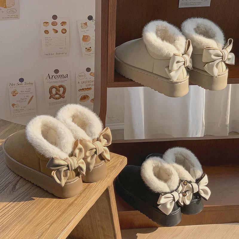 Women's Bow-Knot Cotton Heel Boots: Warm, Stylish & Versatile for Winter