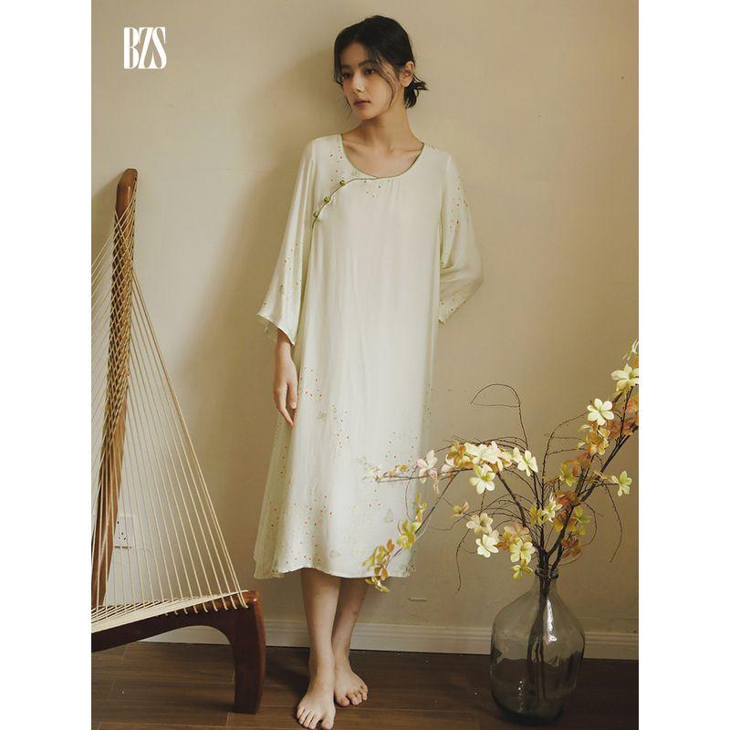 2024 Rayon Satin Plain and Elegant Print New Chinese Style Women's Long Sleeves Home Wear Can Be Outwear National Style Nightdress