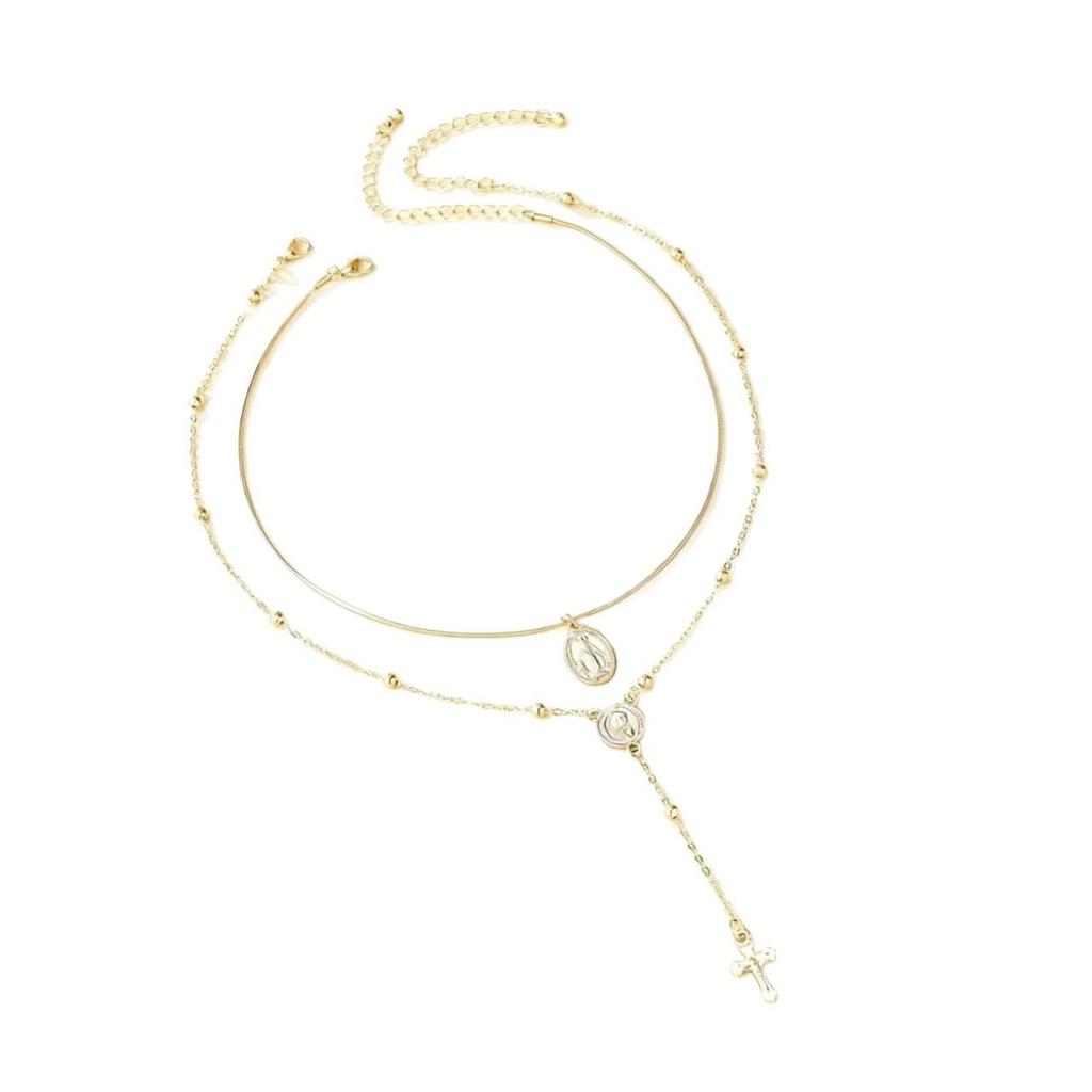 Double Layer European Cross Pendant Necklace - Women's Fashion Metal Clavicle Chain