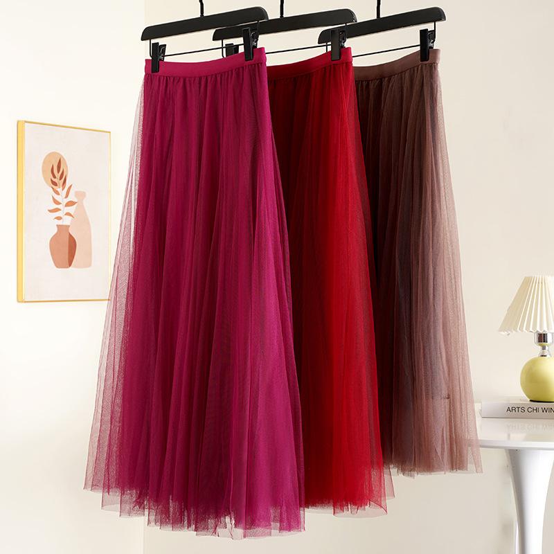 Layered Mesh Skirt for Women Midi Length High Waisted A-line Skirts Women's Halloween Skirts Fairy Tiered Skirt Mesh Elastic Waist Tulle Skirts