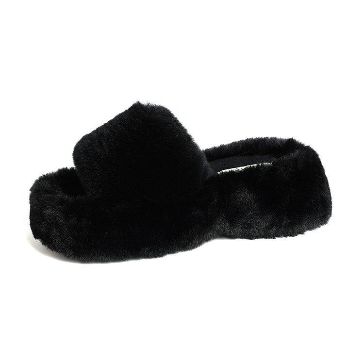 

Thick-soled fluffy slippers for women to wear 2025 new autumn and winter rabbit fluffy fluffy shoes one-word cotton slippers 35
