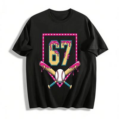 Baseball No.67 Waffle Drizzle Print Casual Short Sleeve Top Pure Cotton T-shirt