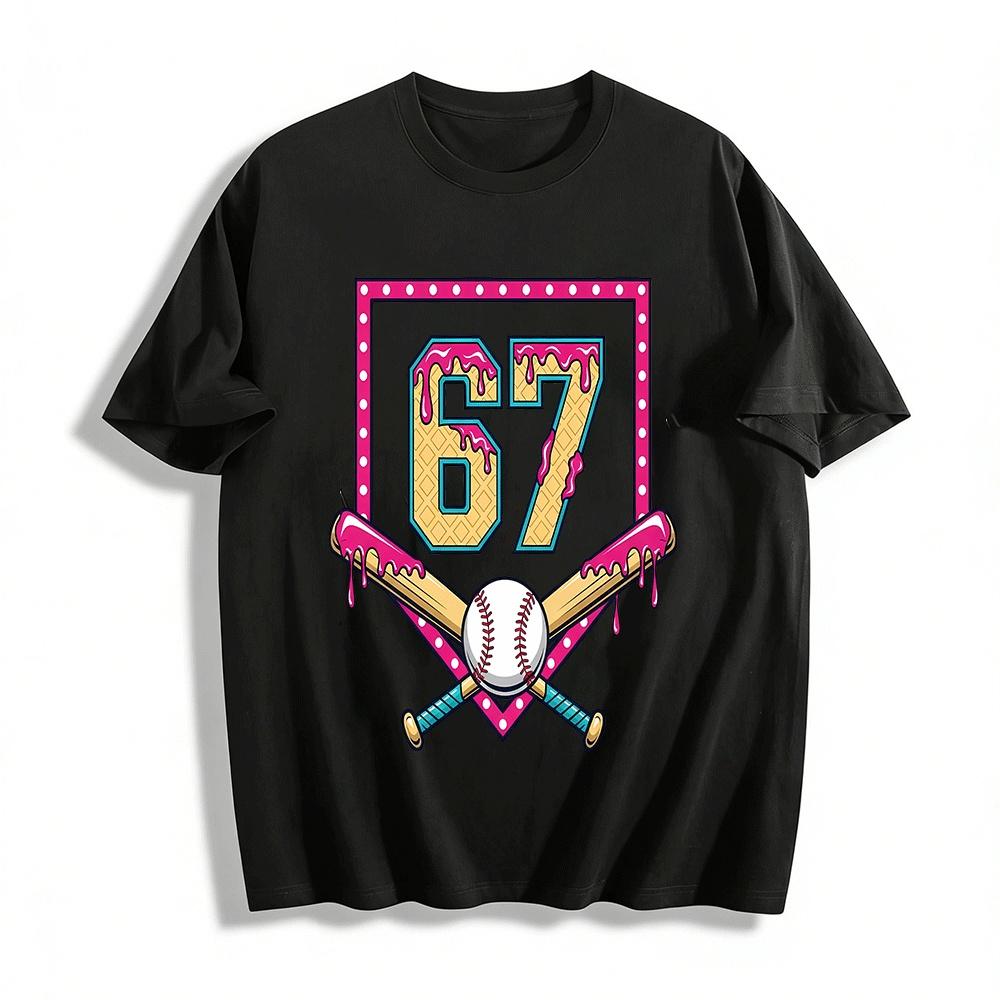 Baseball No.67 Waffle Drizzle Print Casual Short Sleeve Top Pure cotton T-shirt XXS