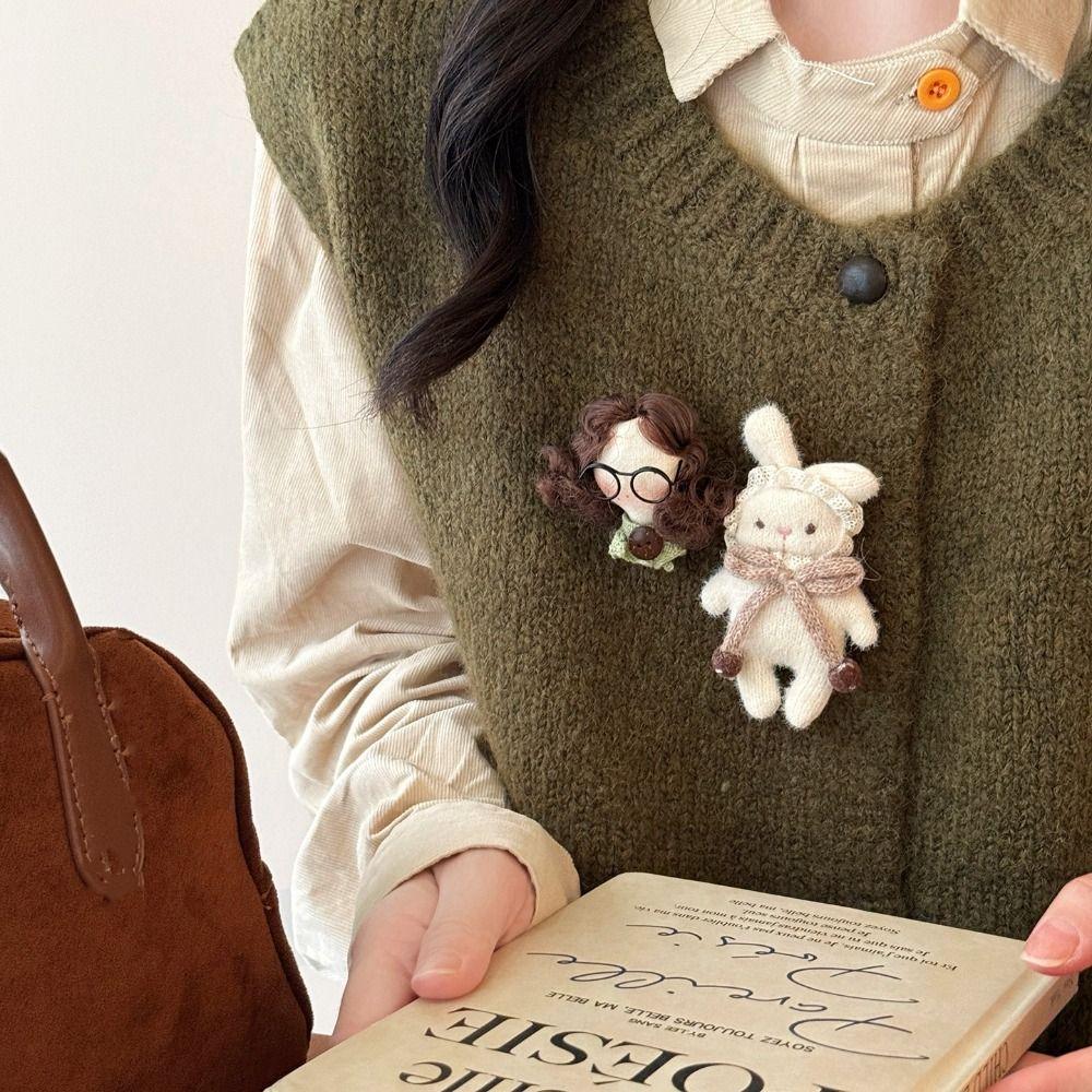 Plush Doll Cloth Fabric Brooch Curly Hair Girl Little Rabbit Brooch Cartoon Sweater Pin Gift
