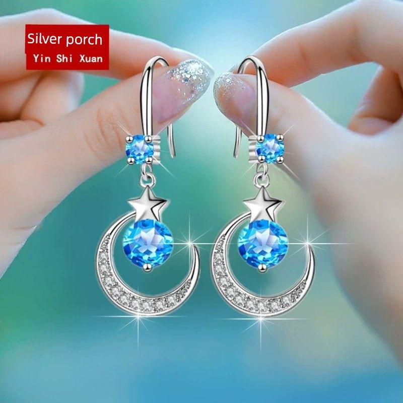 

Cold Style 925 Sterling Silver Moon Women s Anti-Allergy Ear Studs Moon stars earrings Blue Diamond