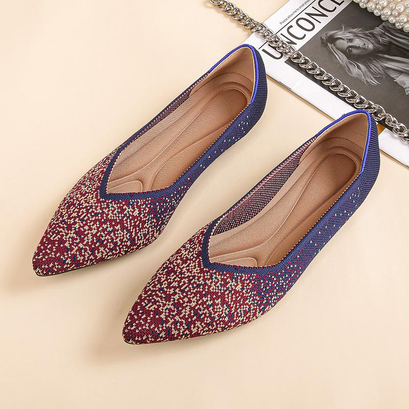 Fliegende gewebte Damen-Einzelschuhe neuer Frühling spitzgestrickte Schuhe flacher Boden flacher Ausschnitt bequeme Doudou-Schuhe große Größe Damenschuhe