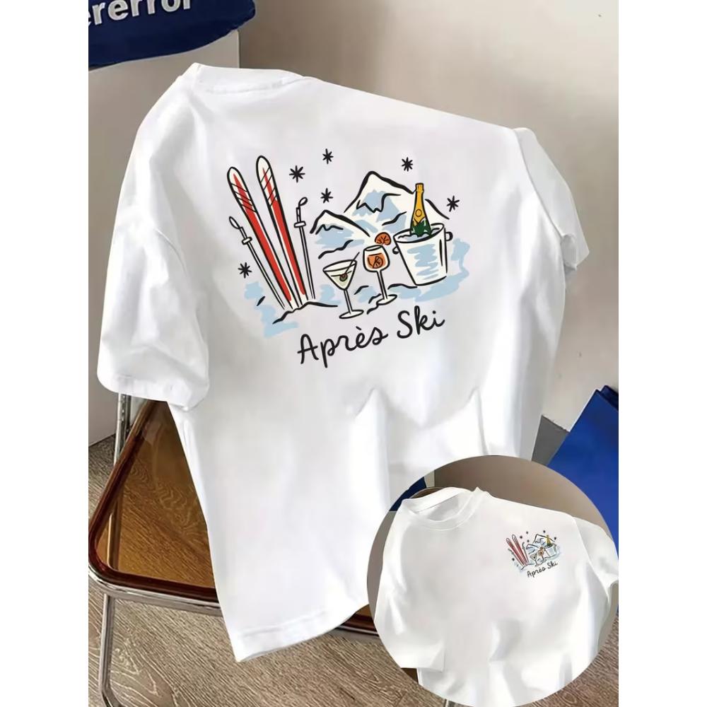 Apres Ski Graphic T-Shirt,Retro Snow Scene Ski Club Print Tee,Casual Round Neck Top for Men Women Apres Ski Vacation Relax Wear