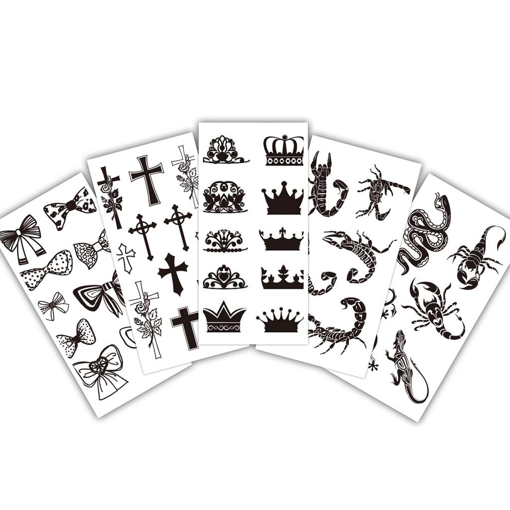 S.A.V.I 5pcs Temporary Tattoo Sheets for Men & Women - Black Waterproof Designs | Crown, Snake, Cross, Bow | 10.5x6cm | Safe Non-Toxic Skin-Friendly