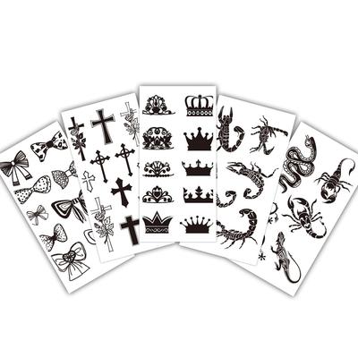 S.A.V.I 5pcs Temporary Tattoo Sheets for Men & Women - Black Waterproof Designs | Crown, Snake, Cross, Bow | 10.5x6cm | Safe Non-Toxic Skin-Friendly