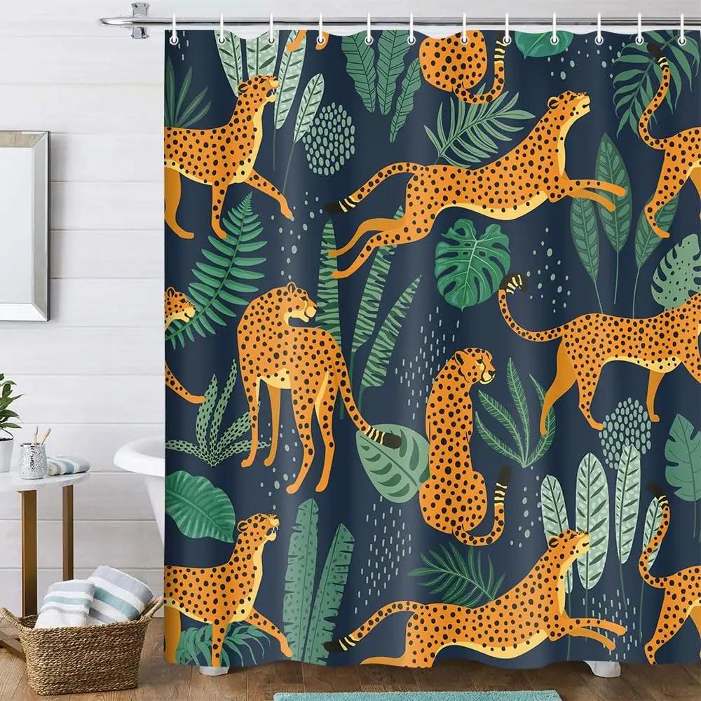 Leopard Fabric Shower Curtain, Tropical Animal Cheetah Shower Curtain For Bathroom, Pink With Hook 180X180Cm