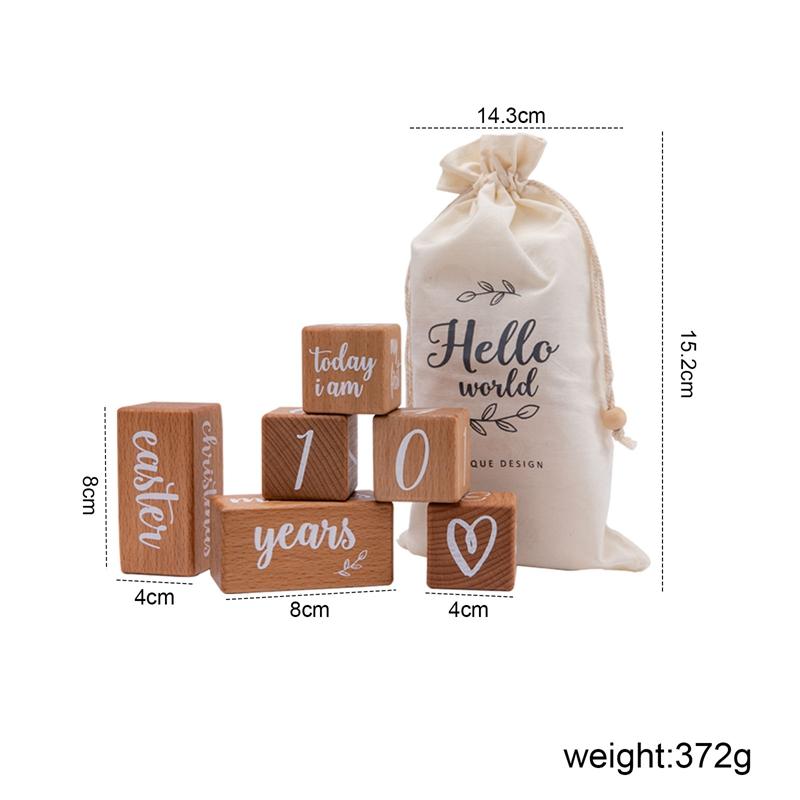6pcs/1Set Baby Month Milestone Card Beech Block Square Engraved Newborn Birth Month Birthday Milestones Block Photography Props