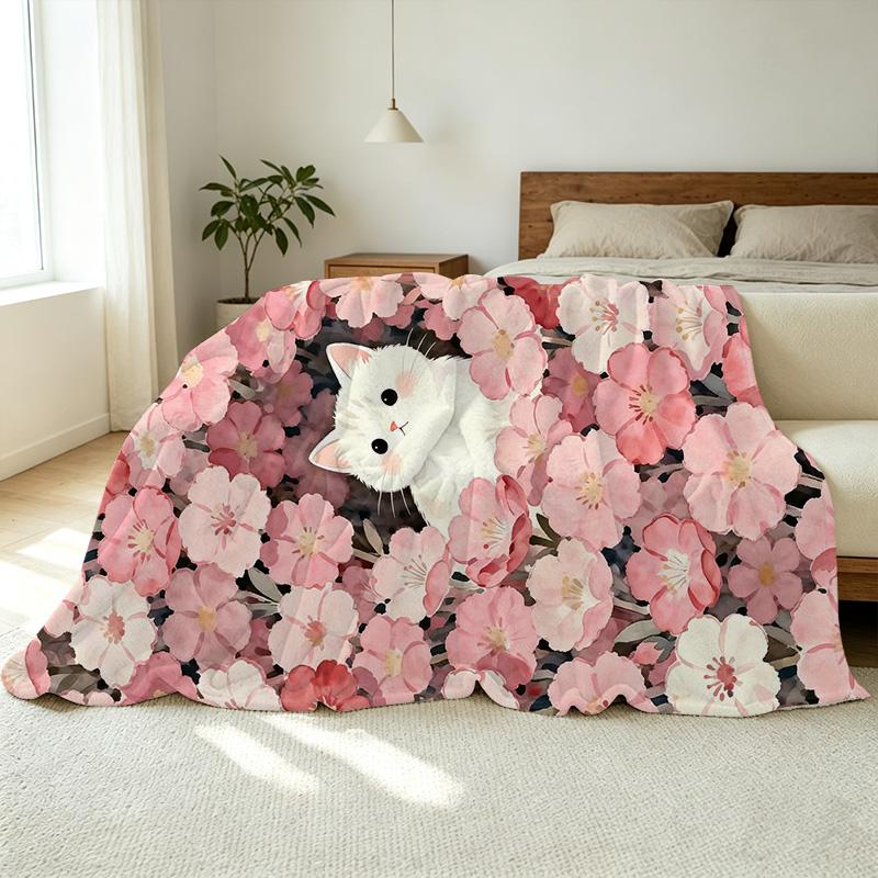 Thick Warm Flannel Blanket – Cute Cat & Floral Soft Skin-Friendly Cozy Throw Blanket for Home Nap, Guest Room, Halloween & Christmas Decor