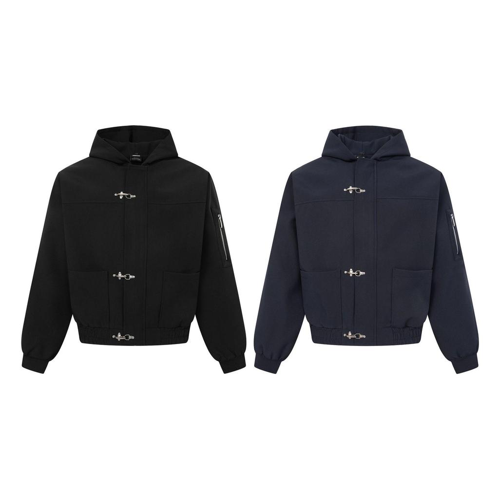 ARES Men's Hooded Jacket: Minimalist Deconstructed Metal Buckle, Autumn Loose Fit, Functional Style