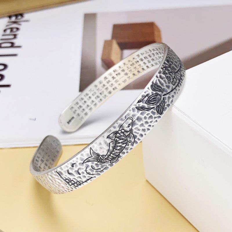 

S999 Стерлингового Серебра Ручной Работы Молоток Узор Сердце Сутра Нижний Браслет Ретро Этнический Стиль Браслет Лотос Рыба Нога Серебро Adjustable size