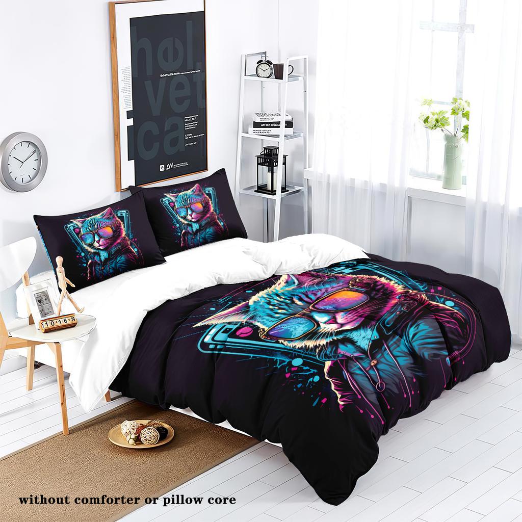 3-piece down duvet cover set with rock animal giraffe cat pattern print (1 duvet cover+2 pillowcases, no core) bedding set