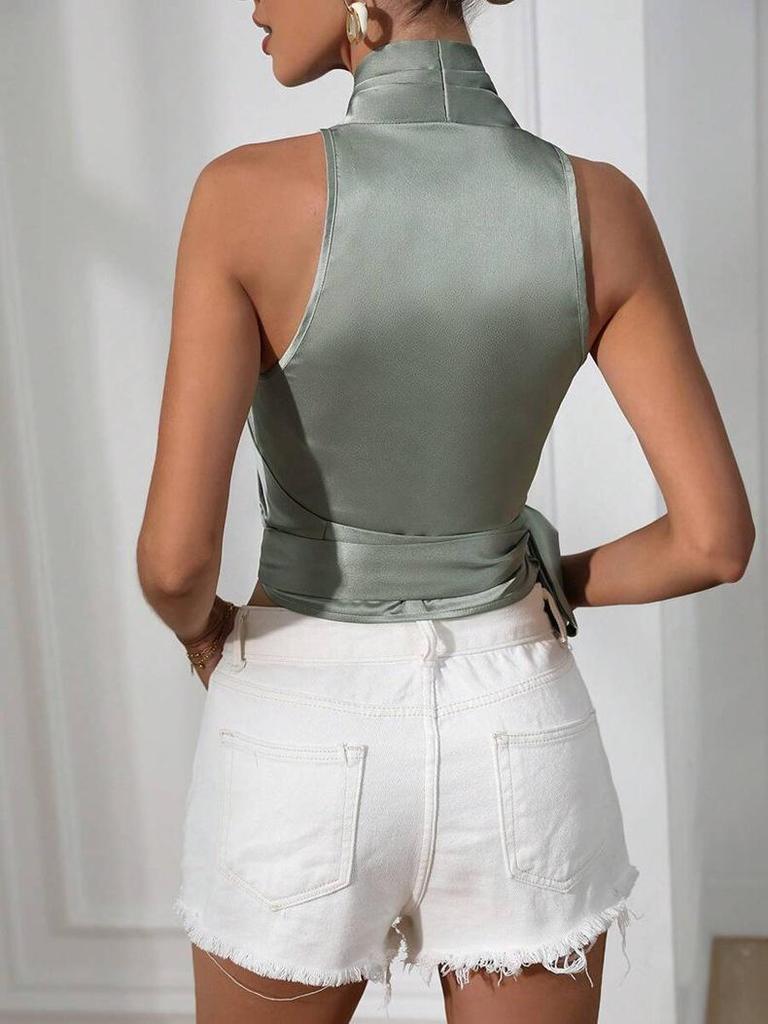 Dames Satin Wrap Top met Halternek - Lente/Zomer Mouwloos Strik
