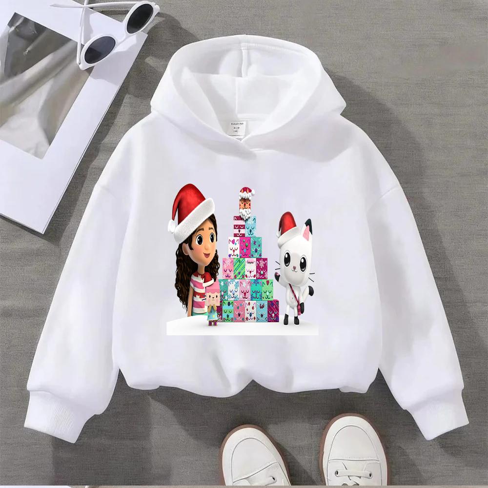 Herbst Winter Cartoon Figur Kinder Hoodie Weihnachts-Thema Katze Mädchen Bedruckt Bequem Warm Mädchen Hoodie